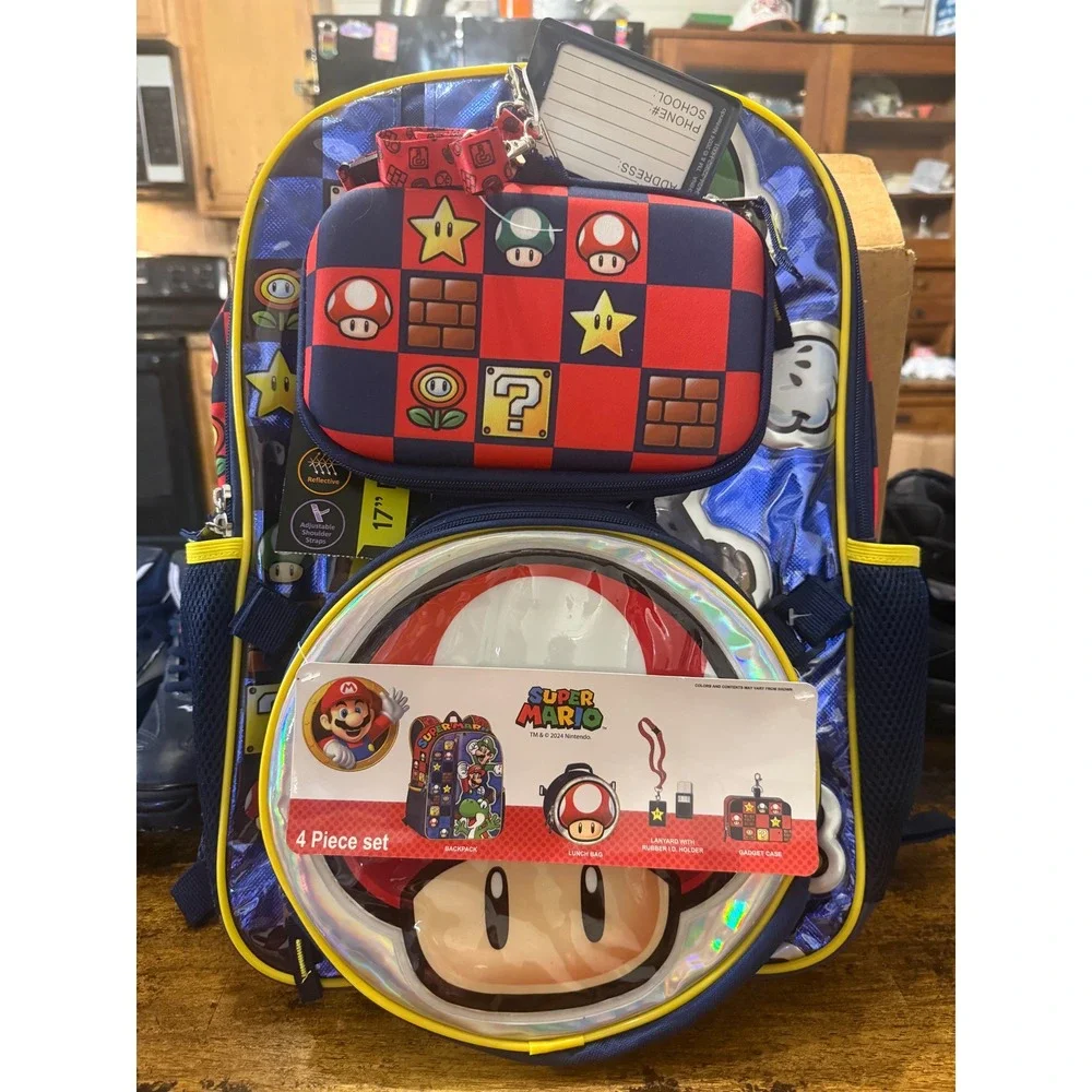 Nintendo Super Mario Kids 17 Inch Backpack 4 Piece Set Mario Luigi Yoshi New
